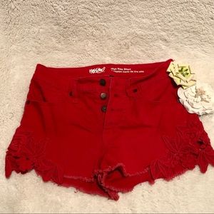 Red appliqué high wasted shorts